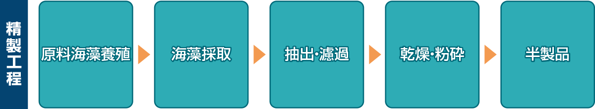 精製工程：原料海藻養殖→海藻採取→抽出・濾過→乾燥・粉砕→半製品